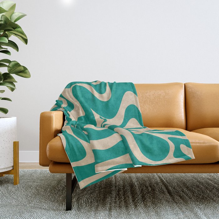 Liquid Swirl Retro Abstract Pattern in Mid Mod Turquoise Teal and Beige Throw Blanket Gallery Image 1