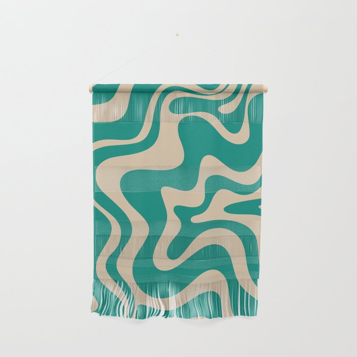 Liquid Swirl Retro Abstract Pattern in Mid Mod Turquoise Teal and Beige Wall Hanging Gallery Image 1