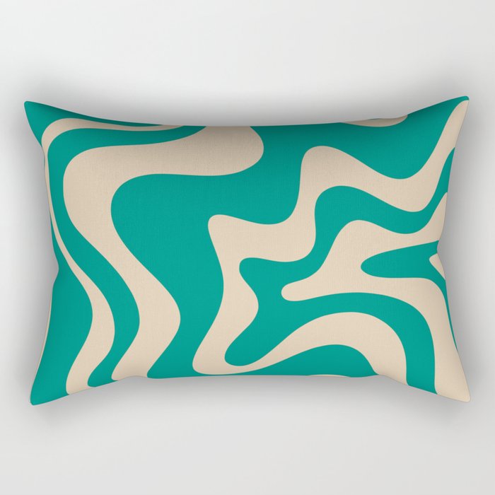 Liquid Swirl Retro Abstract Pattern in Mid Mod Turquoise Teal and Beige Rectangular Pillow Gallery Image 2