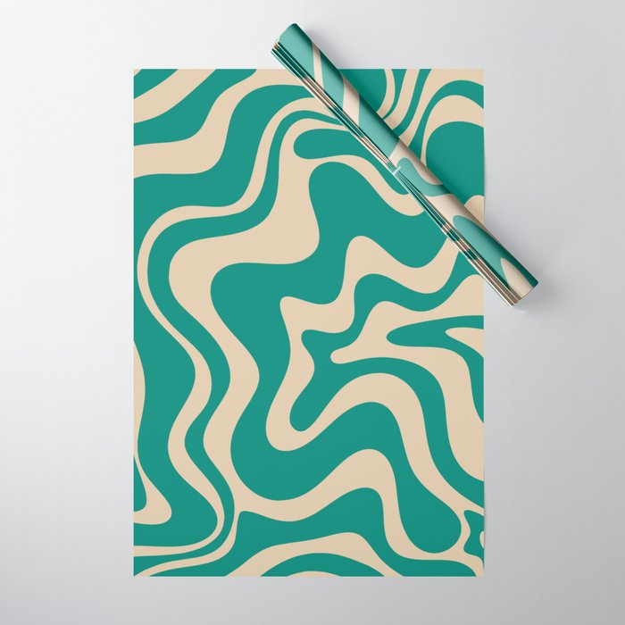 Liquid Swirl Retro Abstract Pattern in Mid Mod Turquoise Teal and Beige Wrapping Paper Gallery Image 1