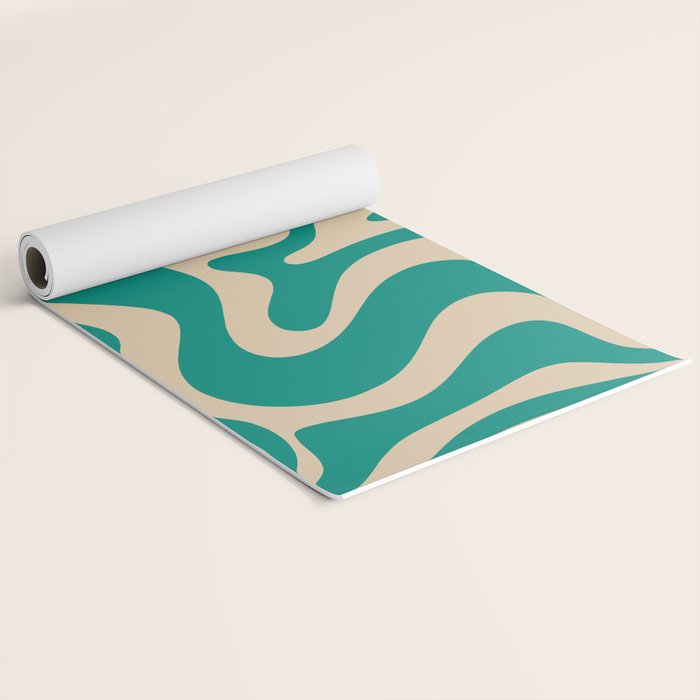 Liquid Swirl Retro Abstract Pattern in Mid Mod Turquoise Teal and Beige Yoga Mat Gallery Image 2