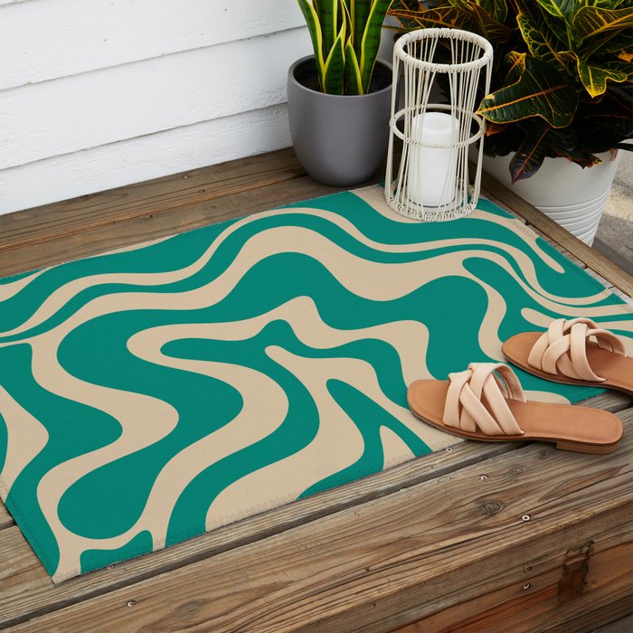 Liquid Swirl Retro Abstract Pattern in Mid Mod Turquoise Teal and Beige Outdoor Rug Gallery Image 2