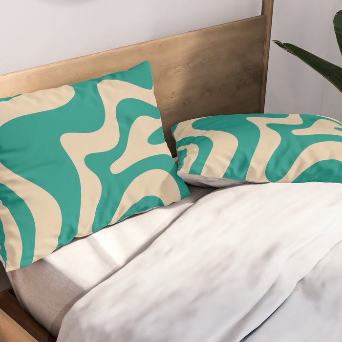 Liquid Swirl Retro Abstract Pattern in Mid Mod Turquoise Teal and Beige Pillow Sham Gallery Image 2