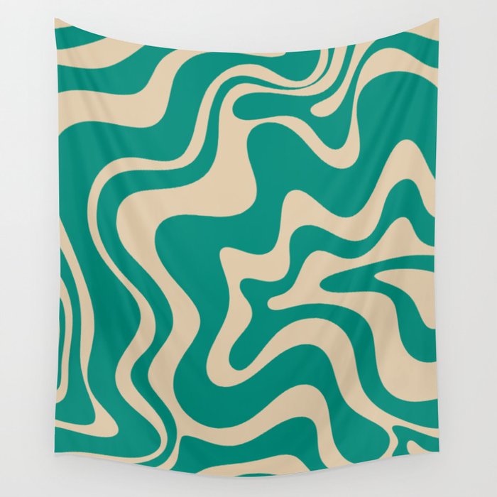 Liquid Swirl Retro Abstract Pattern in Mid Mod Turquoise Teal and Beige Wall Tapestry Gallery Image 4