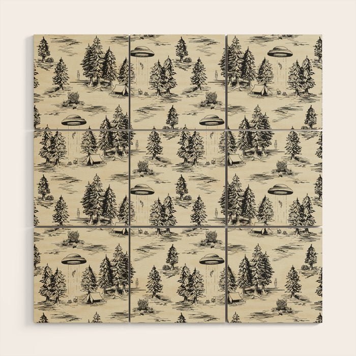 Black Alien Abduction Toile De Jouy Pattern Wood Wall Art Gallery Image 1