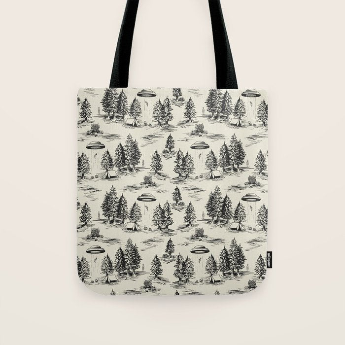 Black Alien Abduction Toile De Jouy Pattern Tote Bag Gallery Image 1