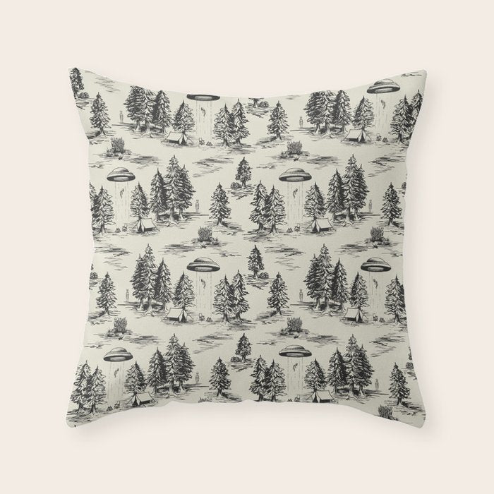 Black Alien Abduction Toile De Jouy Pattern Throw Pillow Gallery Image 6