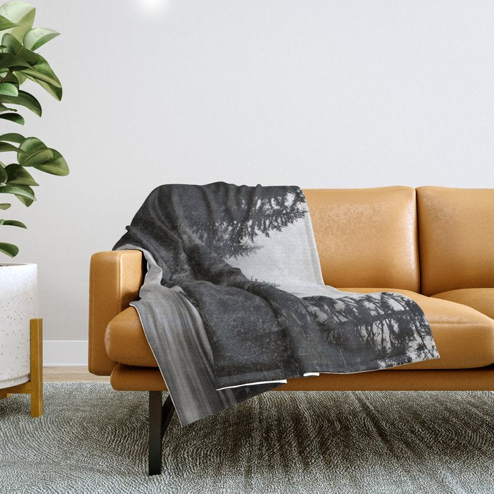 Pacific Northwest River - Black and White Nature Photography Throw Blanket Gallery Image 1