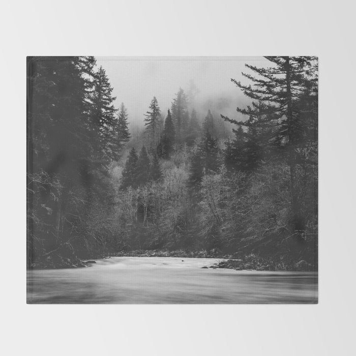 Pacific Northwest River - Black and White Nature Photography Throw Blanket Gallery Image 2