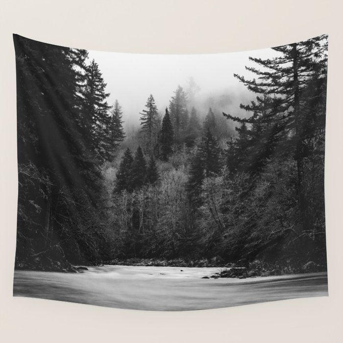 Pacific Northwest River - Black and White Nature Photography Wall Tapestry Gallery Image 4