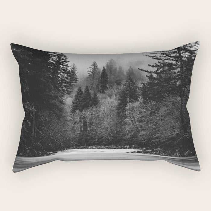 Pacific Northwest River - Black and White Nature Photography Rectangular Pillow Gallery Image 1