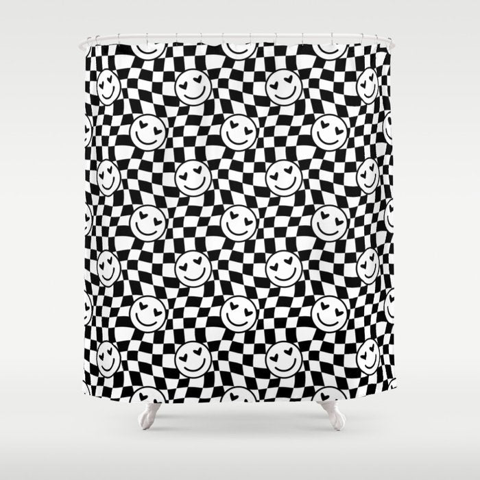 Black and white love eye face checkered pattern Shower Curtain Gallery Image 1