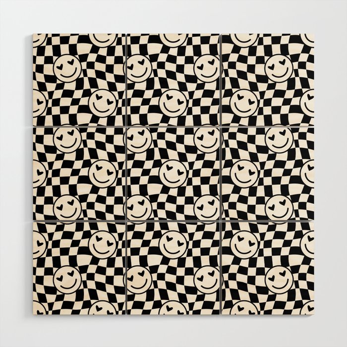 Black and white love eye face checkered pattern Wood Wall Art Gallery Image 1