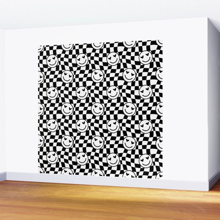 Black and white love eye face checkered pattern Wall Mural Gallery Image 2