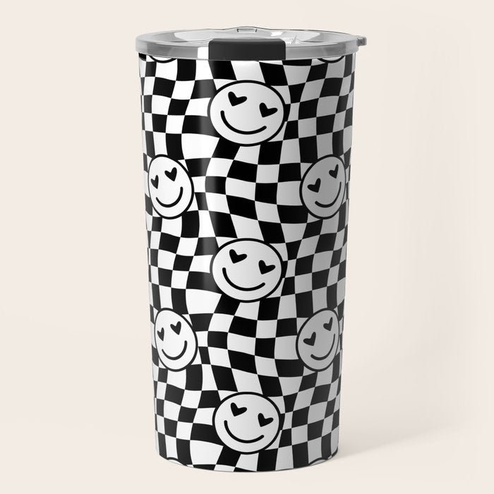Black and white love eye face checkered pattern Travel Mug Gallery Image 1