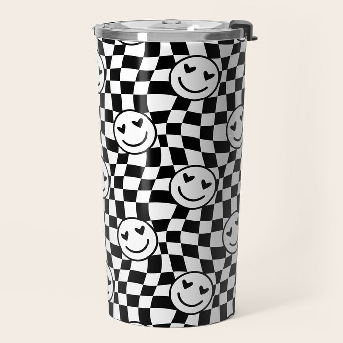 Black and white love eye face checkered pattern Travel Mug Gallery Image 2