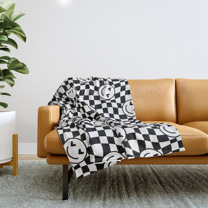 Black and white love eye face checkered pattern Throw Blanket Gallery Image 1