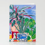 Houseplant collection Still Life on Blue Painting with Stromanthe Triostar, Pilea, and Snake Plant and Lion Vase Stationery Card Gallery Image 2