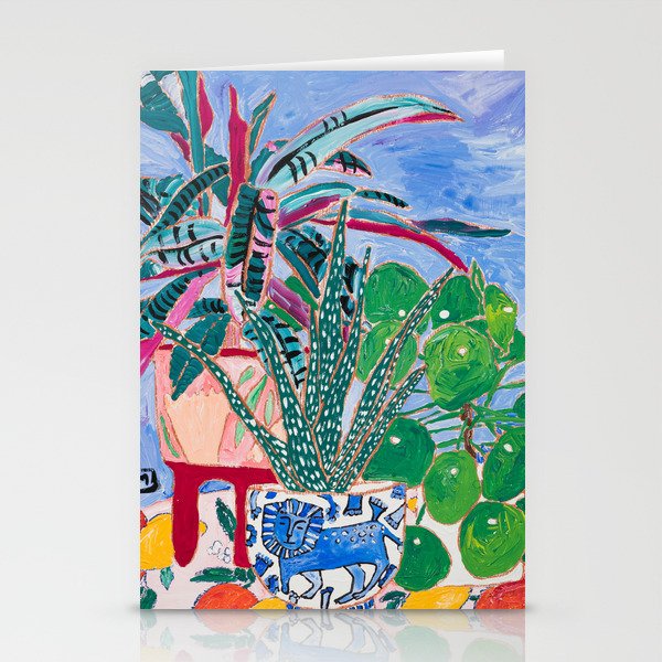 Houseplant collection Still Life on Blue Painting with Stromanthe Triostar, Pilea, and Snake Plant and Lion Vase Stationery Card Gallery Image 2