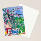 Houseplant collection Still Life on Blue Painting with Stromanthe Triostar, Pilea, and Snake Plant and Lion Vase Stationery Card Gallery Image 2