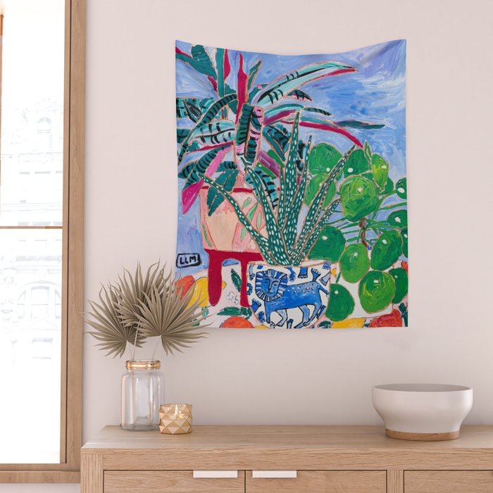 Houseplant collection Still Life on Blue Painting with Stromanthe Triostar, Pilea, and Snake Plant and Lion Vase Wall Tapestry Gallery Image 2