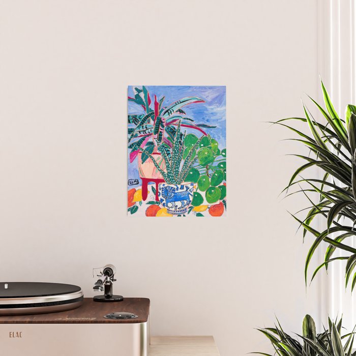 Houseplant collection Still Life on Blue Painting with Stromanthe Triostar, Pilea, and Snake Plant and Lion Vase Poster Gallery Image 2