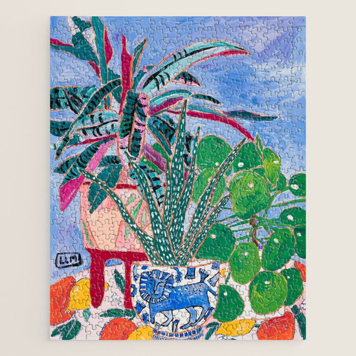Houseplant collection Still Life on Blue Painting with Stromanthe Triostar, Pilea, and Snake Plant and Lion Vase Jigsaw Puzzle