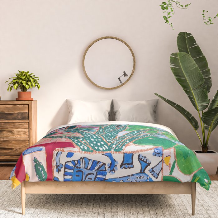 Houseplant collection Still Life on Blue Painting with Stromanthe Triostar, Pilea, and Snake Plant and Lion Vase Comforter Gallery Image 3