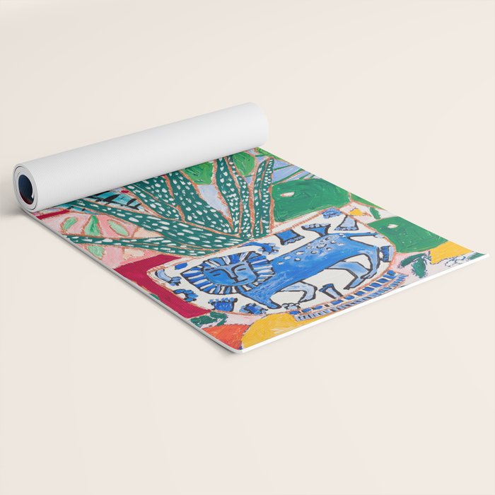 Houseplant collection Still Life on Blue Painting with Stromanthe Triostar, Pilea, and Snake Plant and Lion Vase Yoga Mat Gallery Image 2