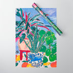 Houseplant collection Still Life on Blue Painting with Stromanthe Triostar, Pilea, and Snake Plant and Lion Vase Wrapping Paper Gallery Image 1