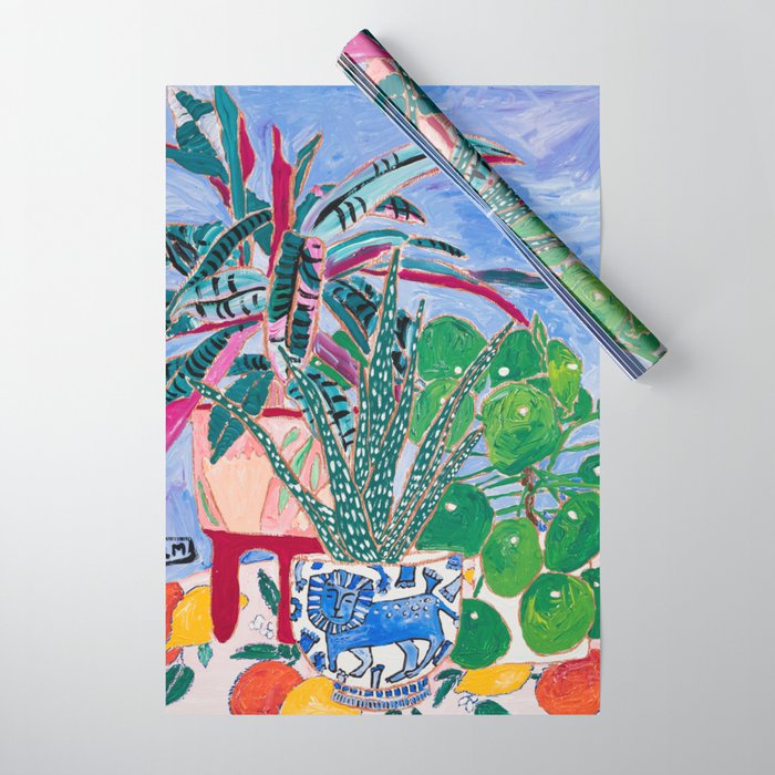 Houseplant collection Still Life on Blue Painting with Stromanthe Triostar, Pilea, and Snake Plant and Lion Vase Wrapping Paper Gallery Image 1