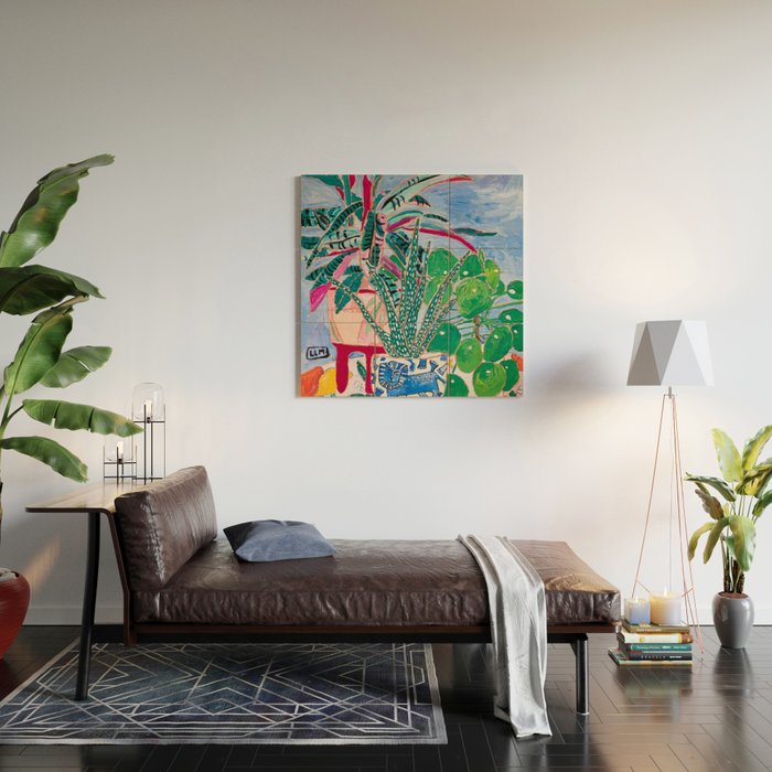 Houseplant collection Still Life on Blue Painting with Stromanthe Triostar, Pilea, and Snake Plant and Lion Vase Wood Wall Art Gallery Image 2