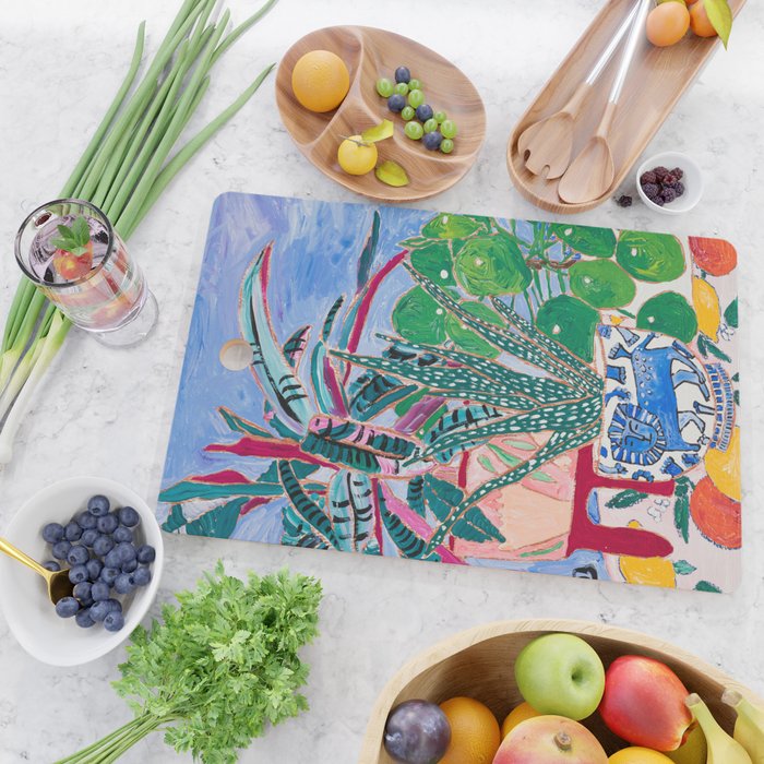 Houseplant collection Still Life on Blue Painting with Stromanthe Triostar, Pilea, and Snake Plant and Lion Vase Cutting Board Gallery Image 2