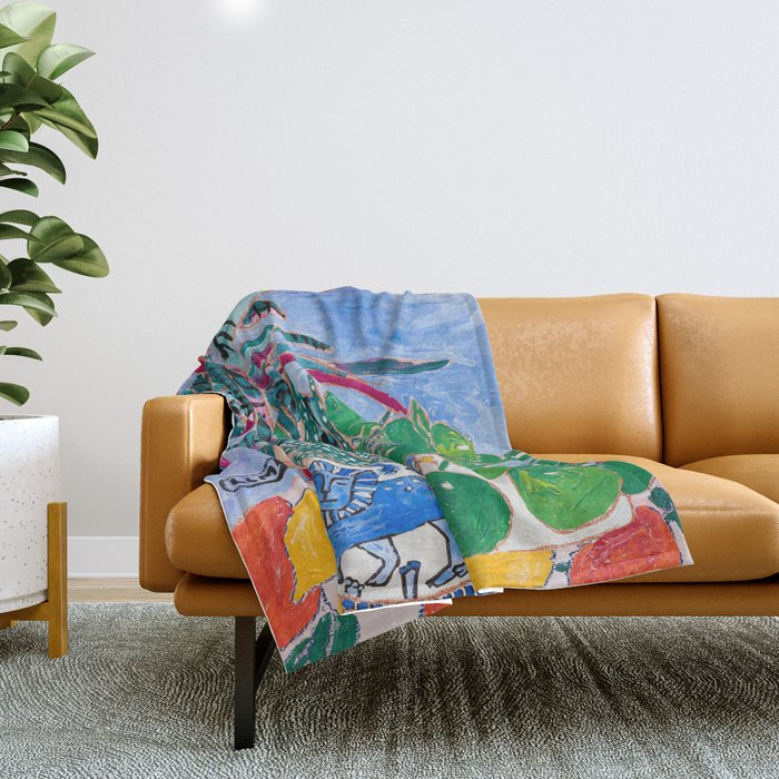 Houseplant collection Still Life on Blue Painting with Stromanthe Triostar, Pilea, and Snake Plant and Lion Vase Throw Blanket Gallery Image 1