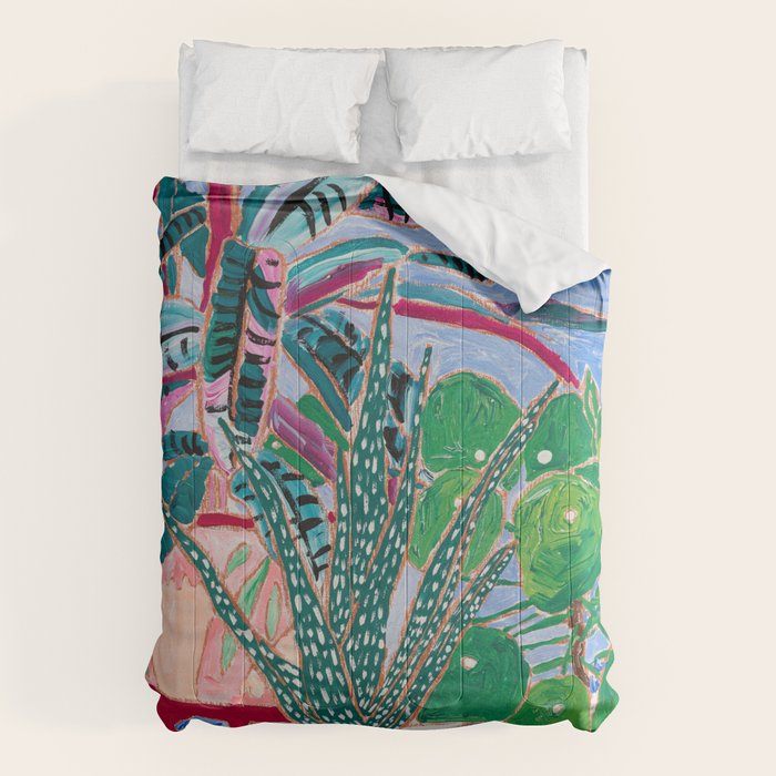 Houseplant collection Still Life on Blue Painting with Stromanthe Triostar, Pilea, and Snake Plant and Lion Vase Comforter Gallery Image 6