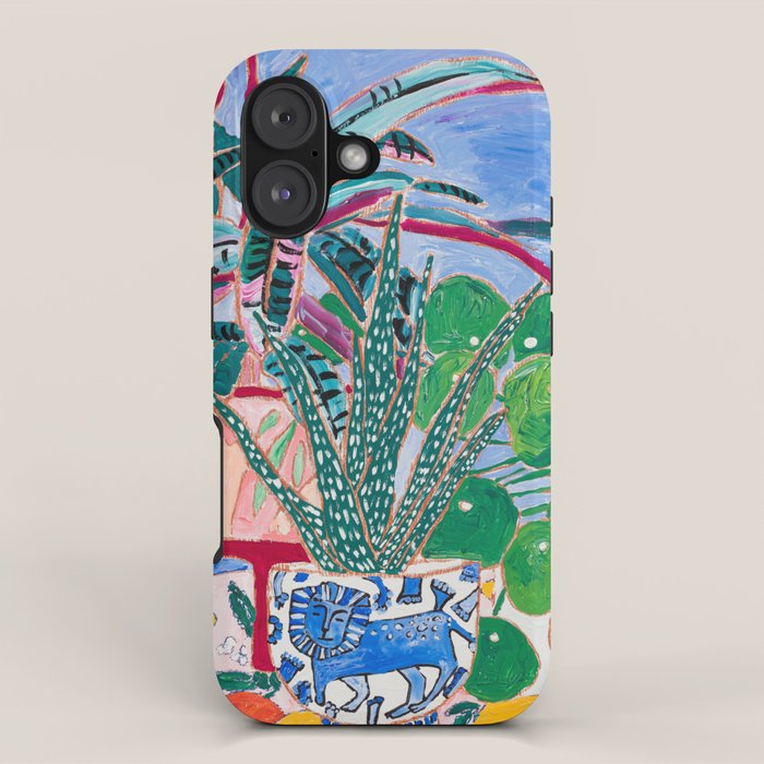 Houseplant collection Still Life on Blue Painting with Stromanthe Triostar, Pilea, and Snake Plant and Lion Vase iPhone Case Gallery Image 1