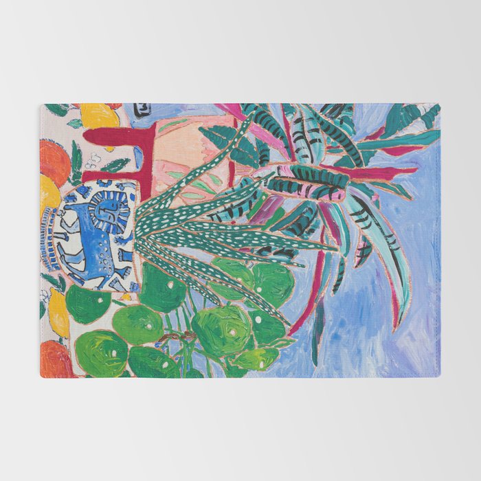Houseplant collection Still Life on Blue Painting with Stromanthe Triostar, Pilea, and Snake Plant and Lion Vase Rug Gallery Image 2