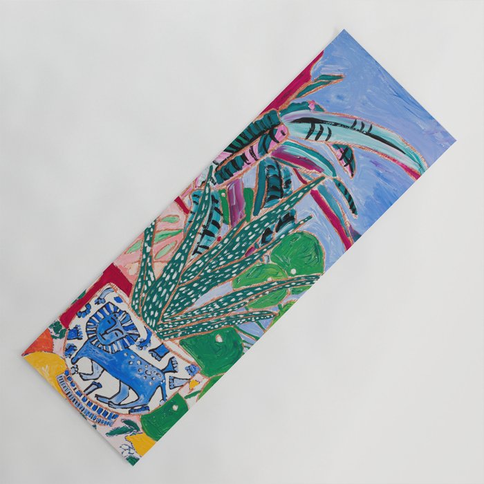 Houseplant collection Still Life on Blue Painting with Stromanthe Triostar, Pilea, and Snake Plant and Lion Vase Yoga Mat Gallery Image 1