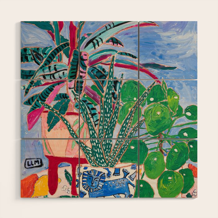 Houseplant collection Still Life on Blue Painting with Stromanthe Triostar, Pilea, and Snake Plant and Lion Vase Wood Wall Art Gallery Image 1