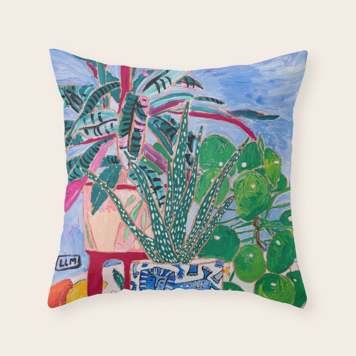 Houseplant collection Still Life on Blue Painting with Stromanthe Triostar, Pilea, and Snake Plant and Lion Vase Throw Pillow Gallery Image 6