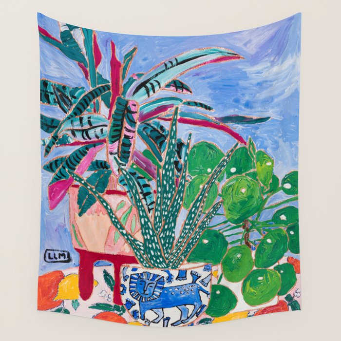 Houseplant collection Still Life on Blue Painting with Stromanthe Triostar, Pilea, and Snake Plant and Lion Vase Wall Tapestry Gallery Image 4