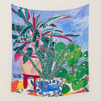 Houseplant collection Still Life on Blue Painting with Stromanthe Triostar, Pilea, and Snake Plant and Lion Vase Wall Tapestry Gallery Image 4