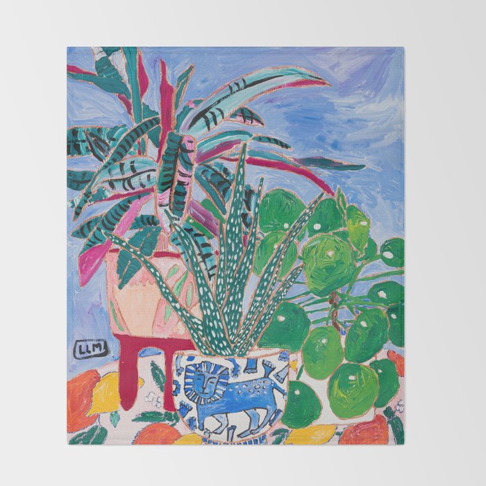 Houseplant collection Still Life on Blue Painting with Stromanthe Triostar, Pilea, and Snake Plant and Lion Vase Throw Blanket Gallery Image 2