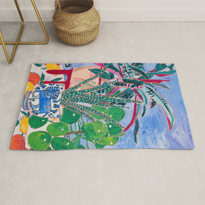 Houseplant collection Still Life on Blue Painting with Stromanthe Triostar, Pilea, and Snake Plant and Lion Vase Rug Gallery Image 1