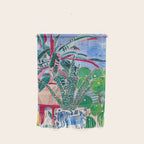 Houseplant collection Still Life on Blue Painting with Stromanthe Triostar, Pilea, and Snake Plant and Lion Vase Wall Hanging Gallery Image 1