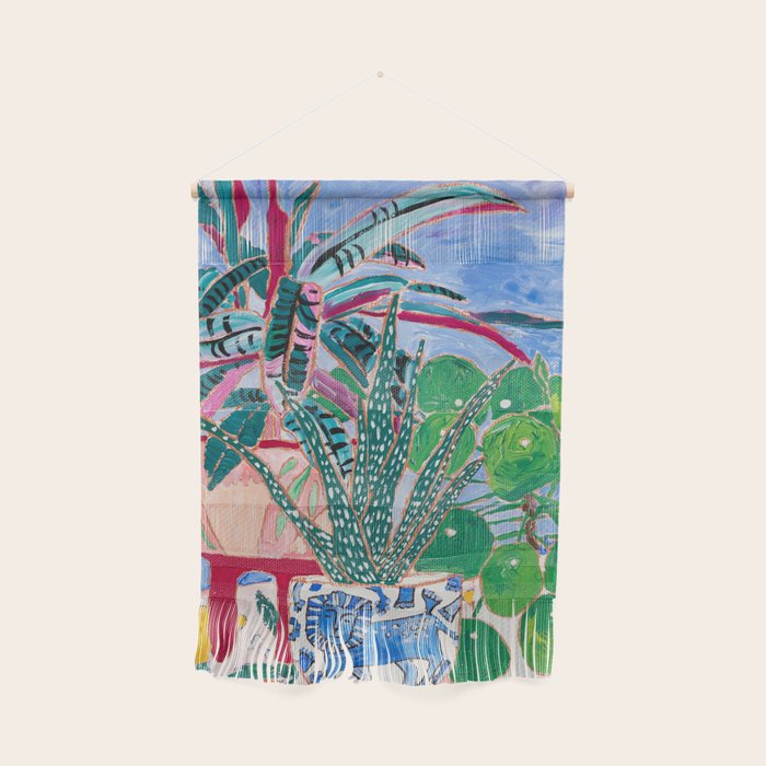 Houseplant collection Still Life on Blue Painting with Stromanthe Triostar, Pilea, and Snake Plant and Lion Vase Wall Hanging Gallery Image 1
