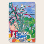 Houseplant collection Still Life on Blue Painting with Stromanthe Triostar, Pilea, and Snake Plant and Lion Vase Cutting Board Gallery Image 1
