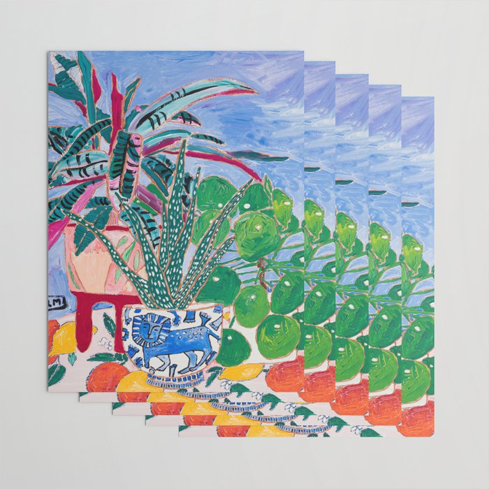 Houseplant collection Still Life on Blue Painting with Stromanthe Triostar, Pilea, and Snake Plant and Lion Vase Wrapping Paper Gallery Image 3