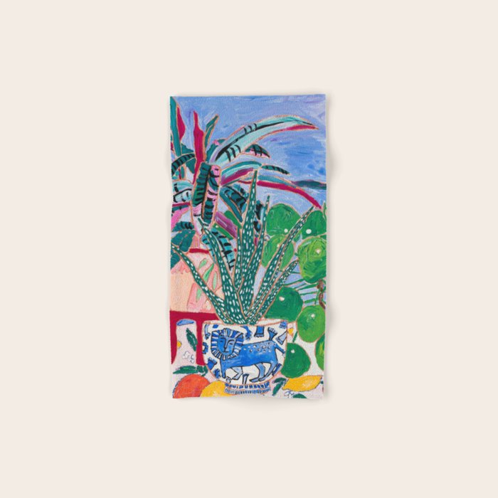 Houseplant collection Still Life on Blue Painting with Stromanthe Triostar, Pilea, and Snake Plant and Lion Vase Bath Towel Gallery Image 1