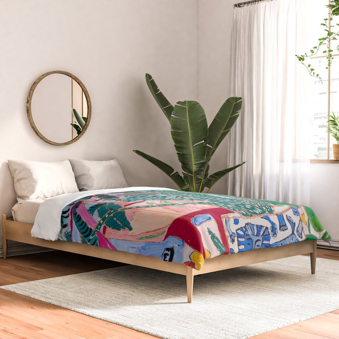 Houseplant collection Still Life on Blue Painting with Stromanthe Triostar, Pilea, and Snake Plant and Lion Vase Comforter Gallery Image 2